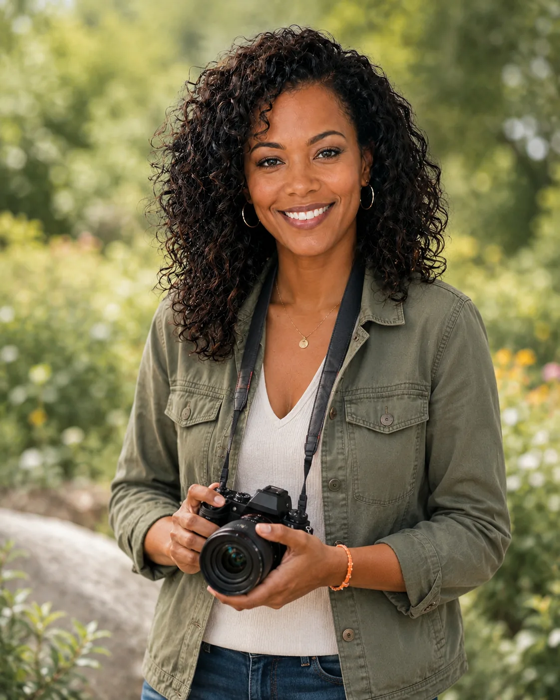 Carmen J. Moore outdoors with a camera