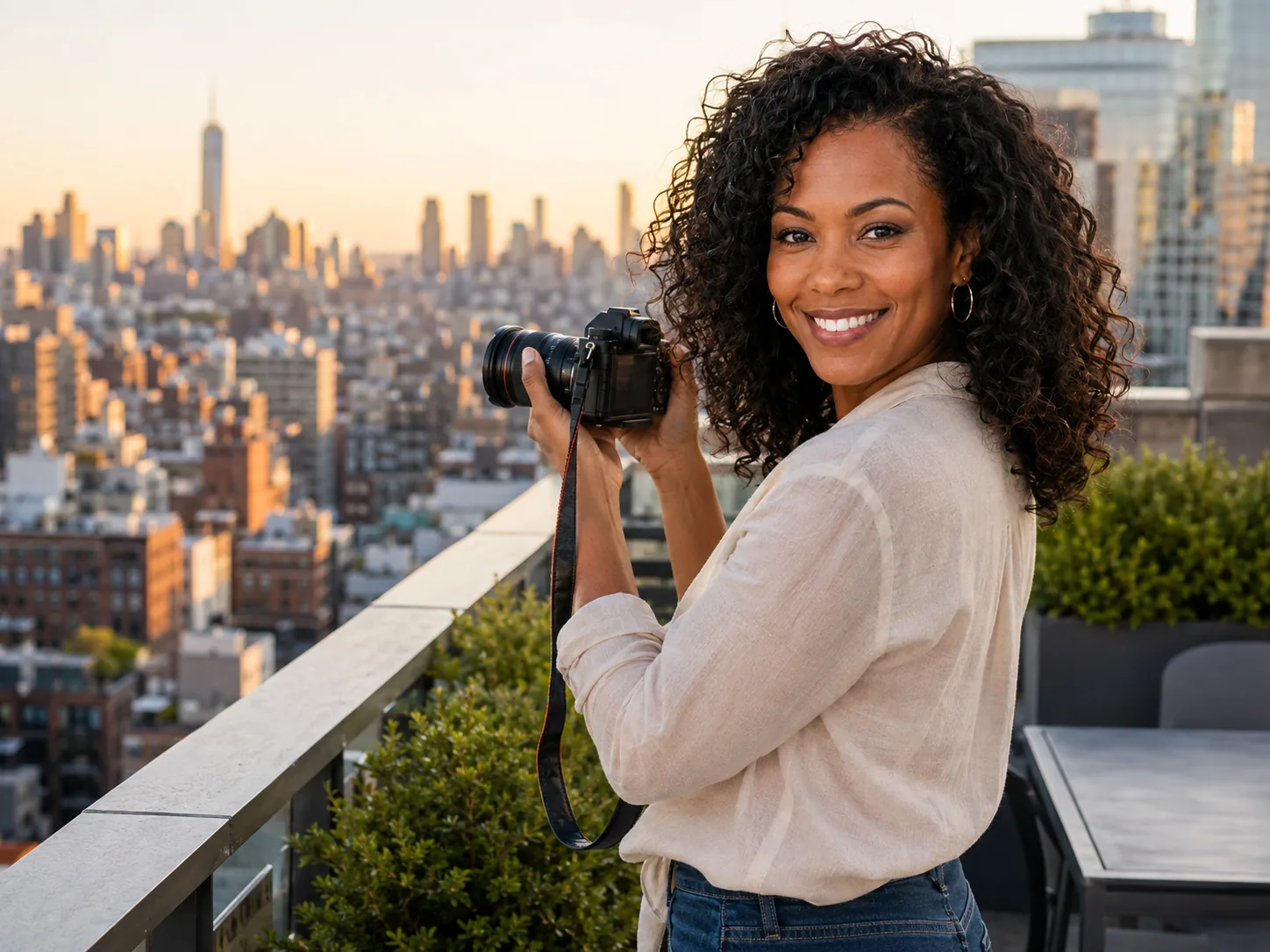 Carmen J. Moore photographing from a city rooftop